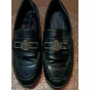 Anne‎ Klein iFlex Ladies Black Slip On Loafer w/Gold Emblem Size 7M Comfort Wedg